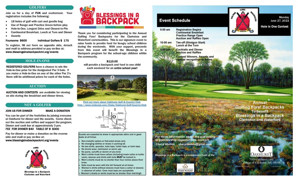 Golfing Fore! Backpacks flyer for Clarkston and Waterford