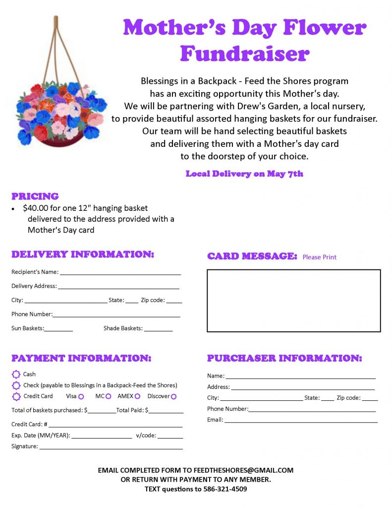 2022 MOTHERS DAY FLOWERS FLYER Blessings in a Backpack Michigan Feed the Shores